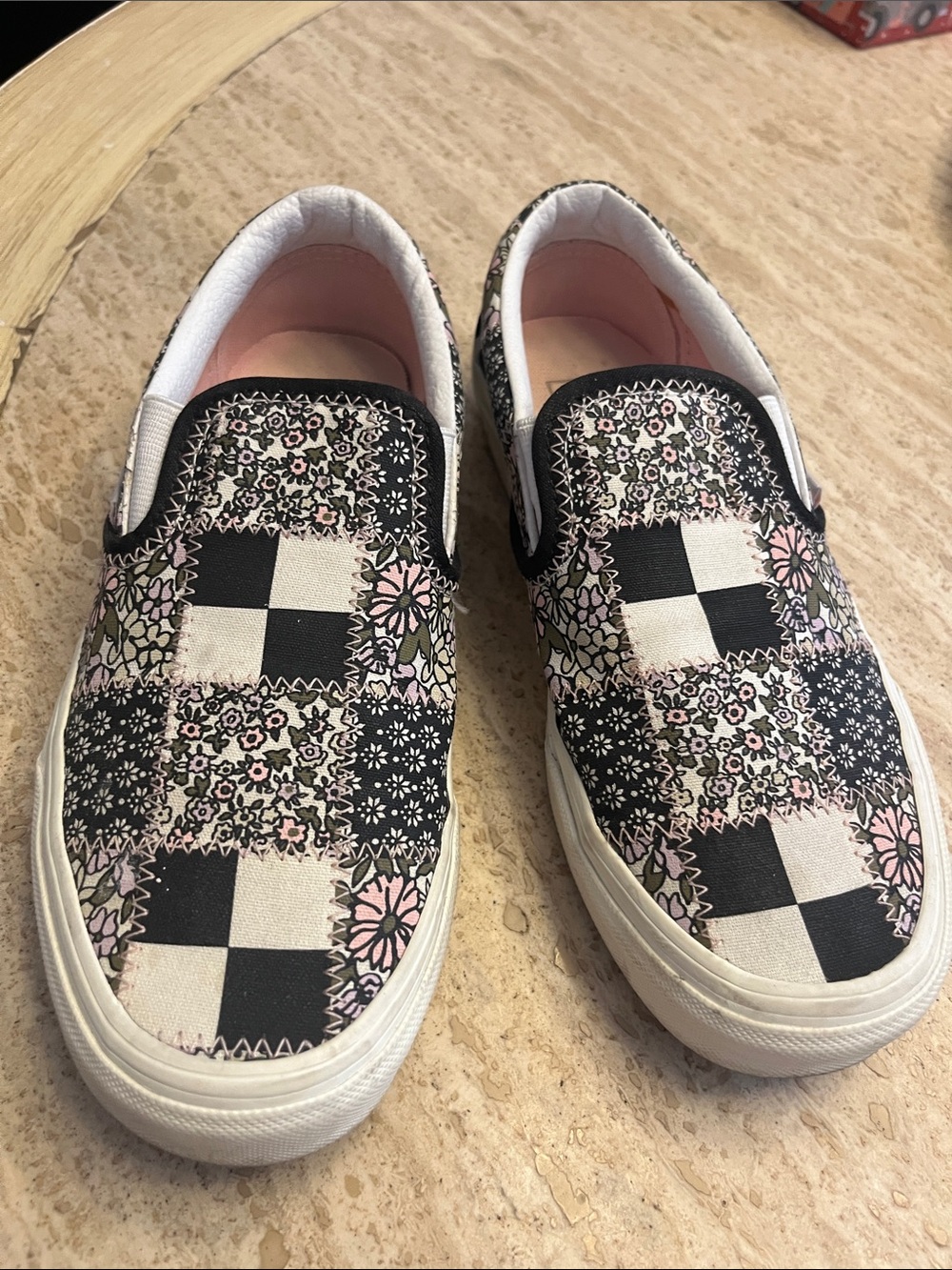 Vans Women's Slip-On Checker & Floral Patchwork Sneakers - Black, Pink, White